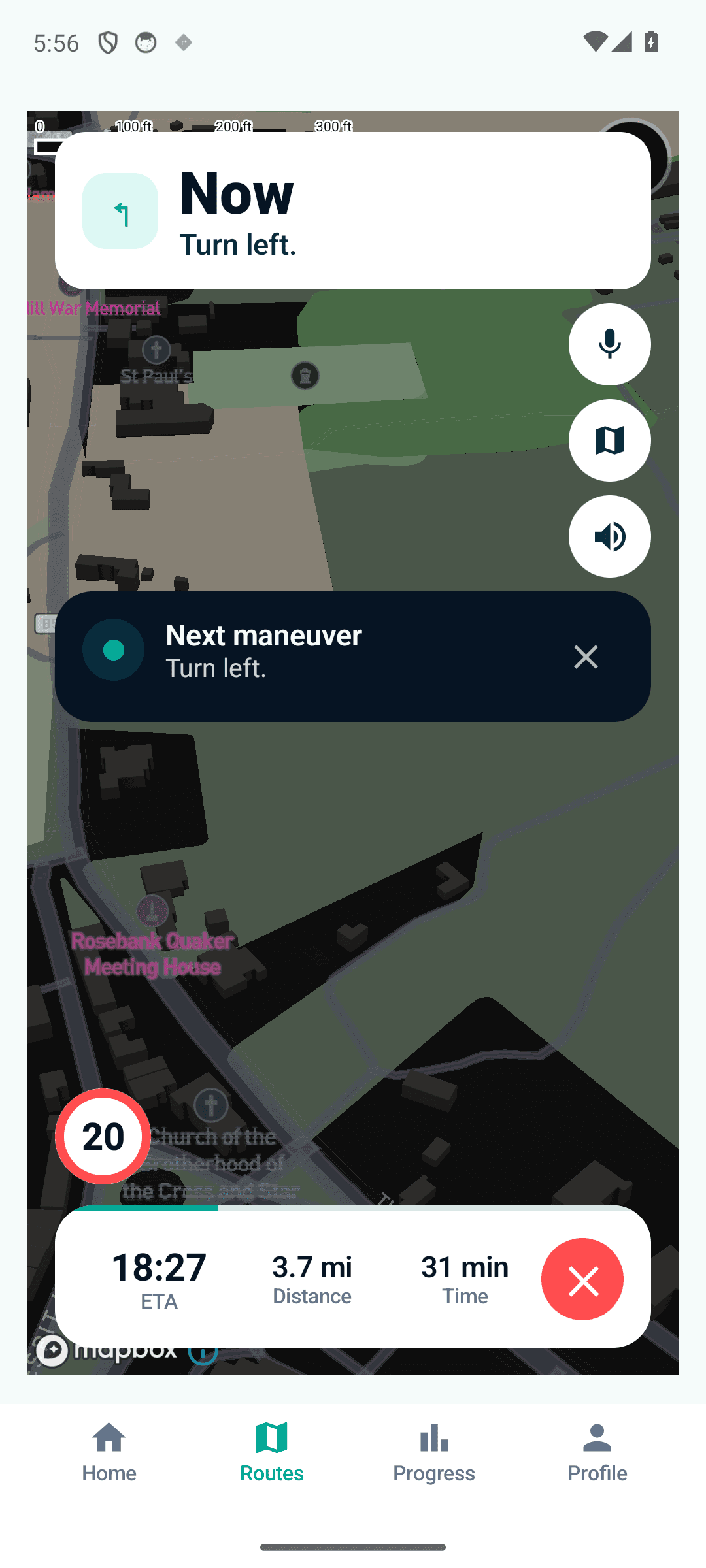 DriveRoutes active practice drive — real-time turn-by-turn manoeuvres, speed-limit roundel and ETA over a live Mapbox map