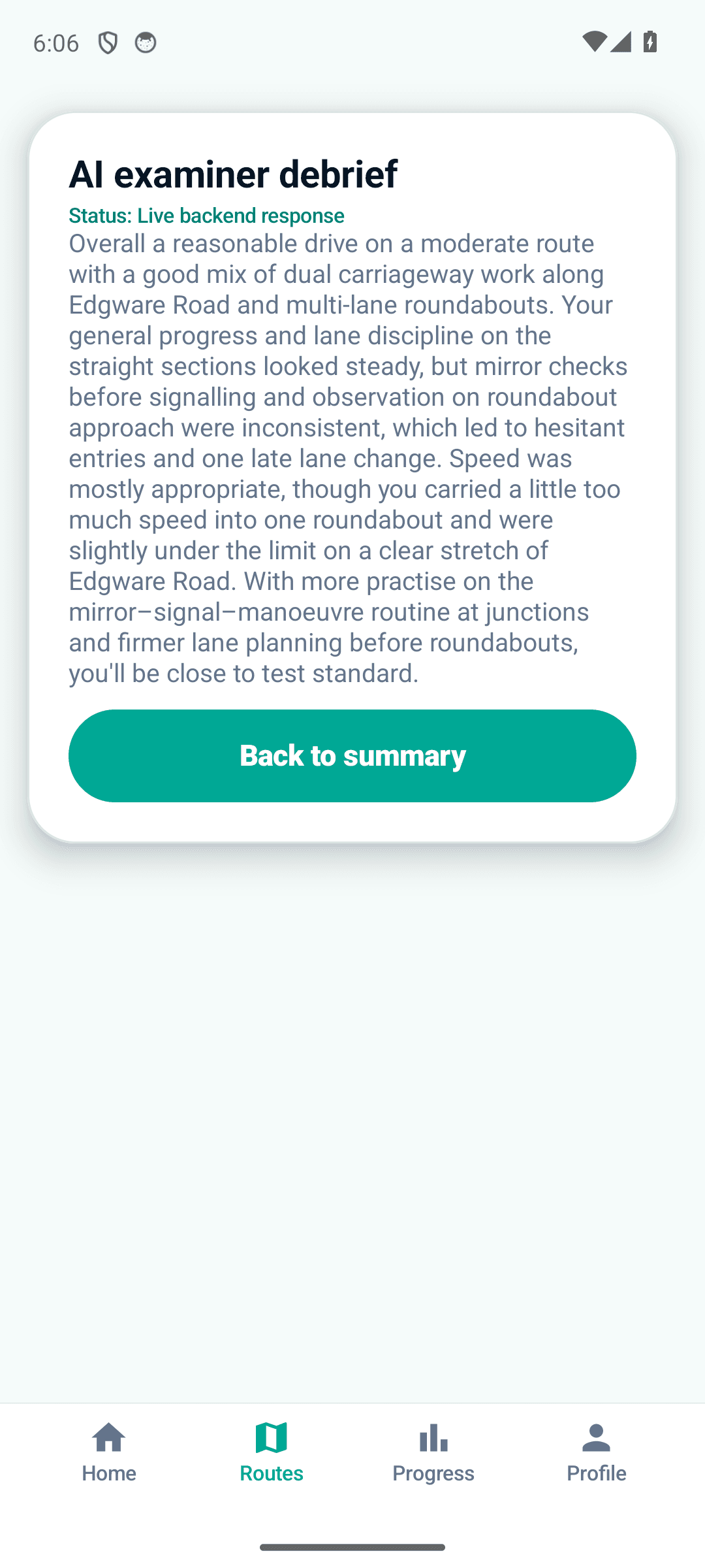 AI examiner debrief — a written, examiner-style review of your drive: lane discipline, observation, speed and where to practise next.
