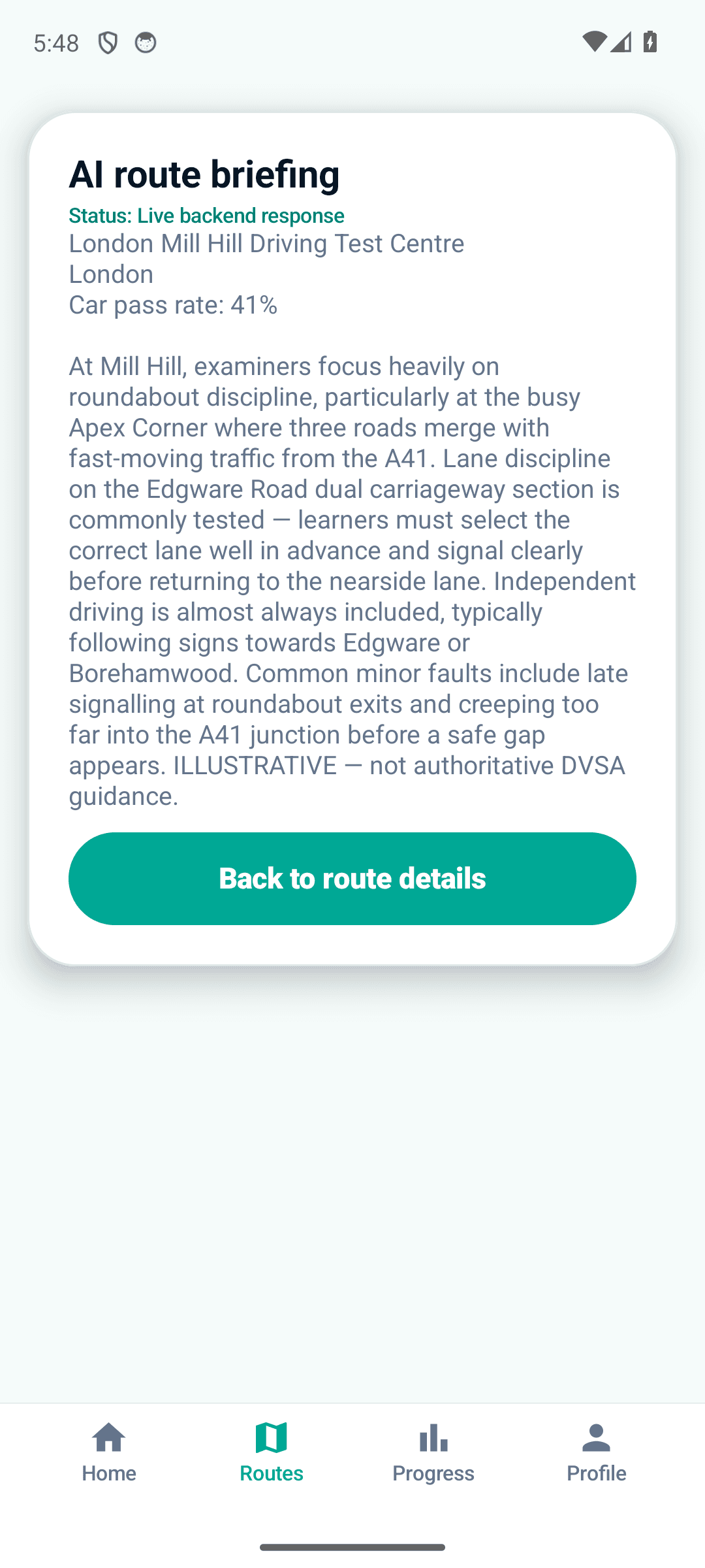 AI route briefing — a live, route-specific rundown of the hazards and examiner focus areas to expect on this exact route.
