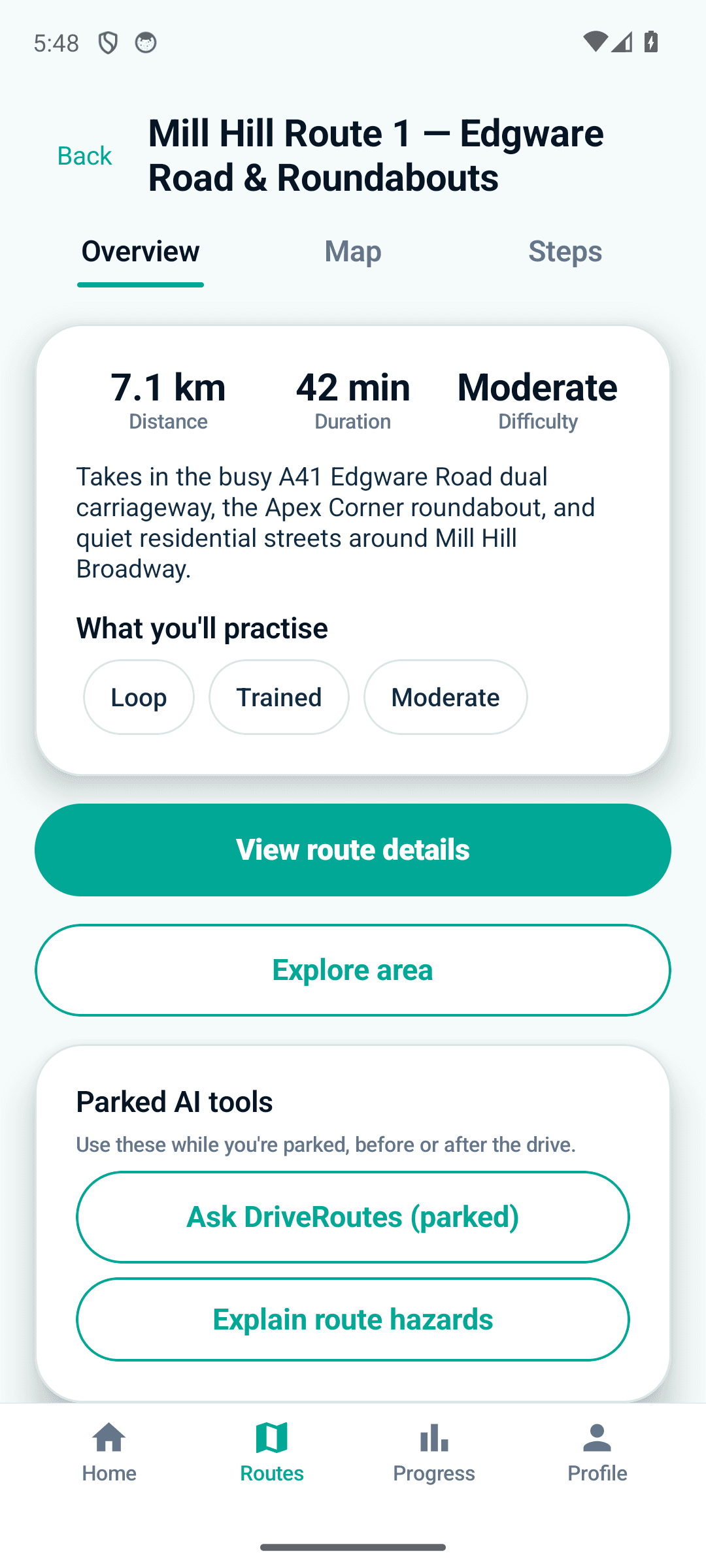 Route overview — distance, duration, difficulty and what you'll practise, with parked AI tools to ask questions before you drive.