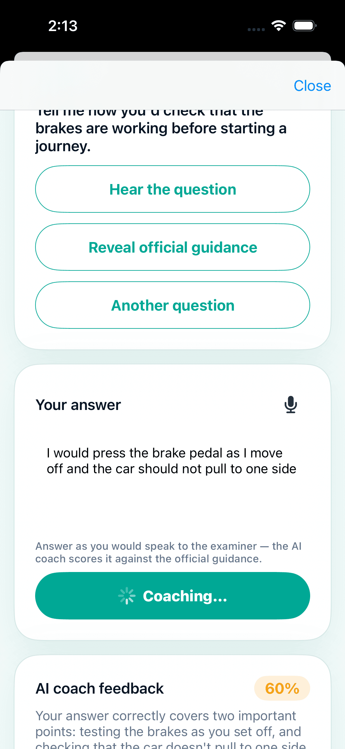 Voice AI co-pilot — answer Show Me Tell Me questions out loud and get scored, coaching-style feedback against the official guidance.