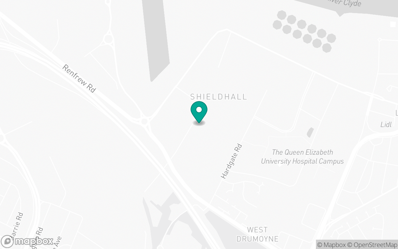 Map showing the roads around Glasgow (Shieldhall) test centre, the centre with the most mapped practice routes
