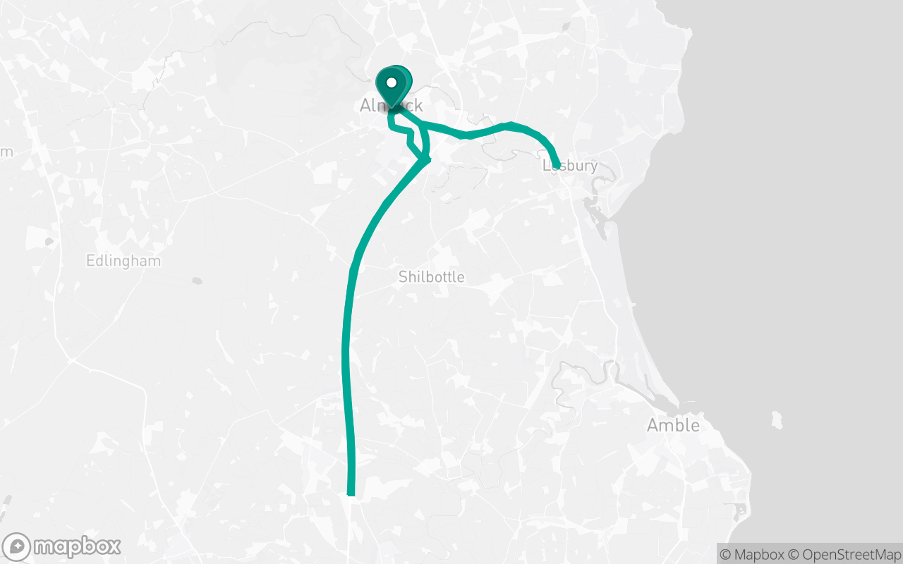 Map of the Alnwick · Route 12 practice route near Alnwick test centre, drawn on real streets
