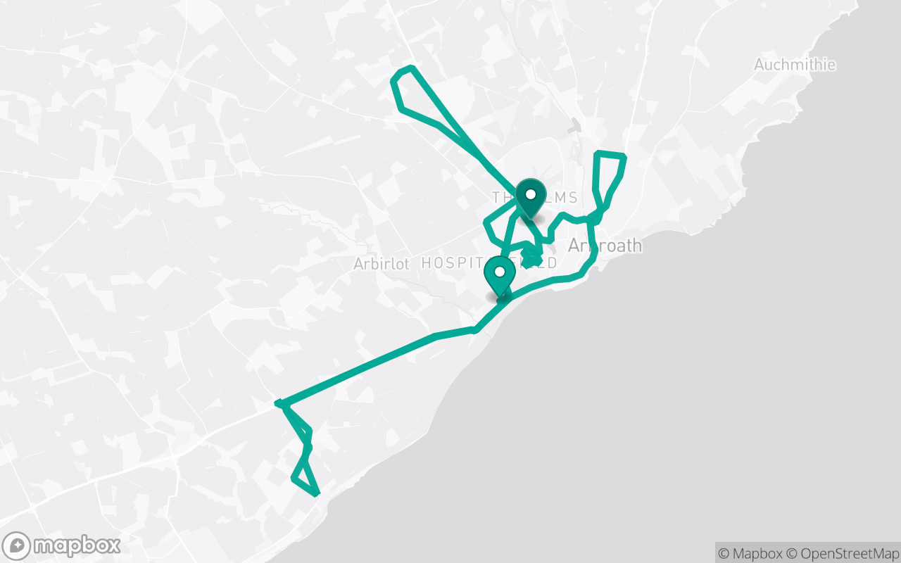 Map of the Arbroath · Route 6 practice route near Arbroath test centre, drawn on real streets
