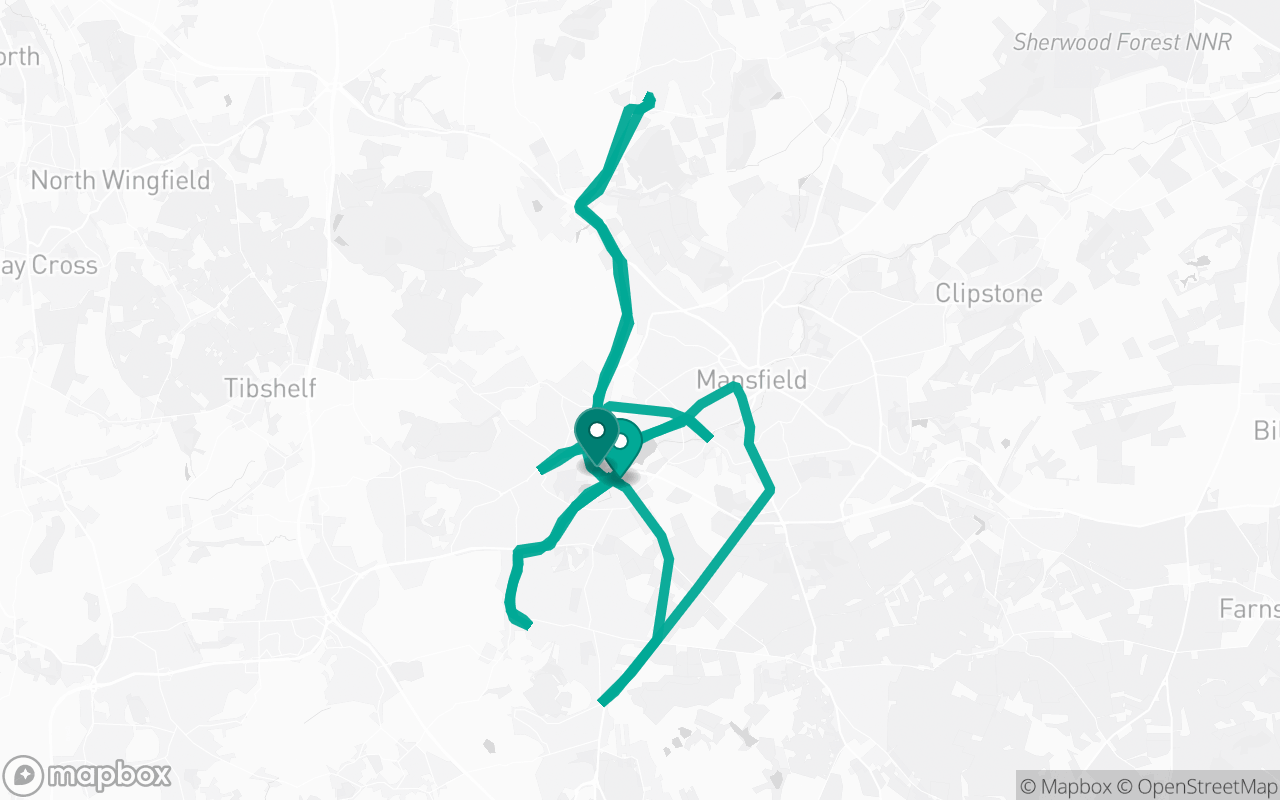 Map of the Ashfield · Route 12 practice route near Ashfield test centre, drawn on real streets