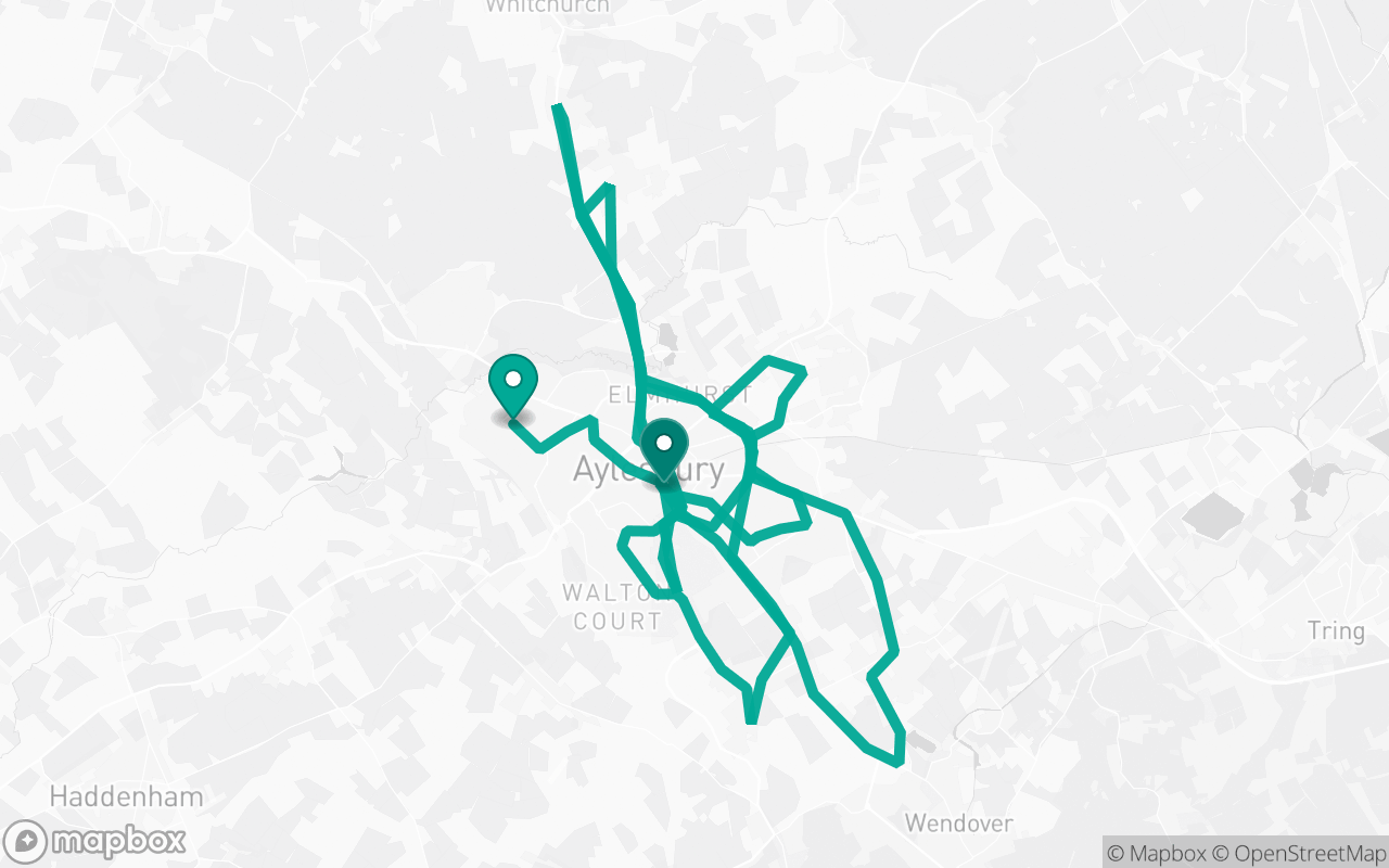 Map of the Aylesbury · Route 16 practice route near Aylesbury test centre, drawn on real streets