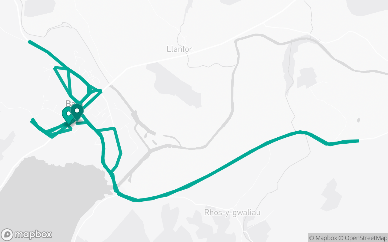 Map of the Bala · Route 1 practice route near Bala test centre, drawn on real streets