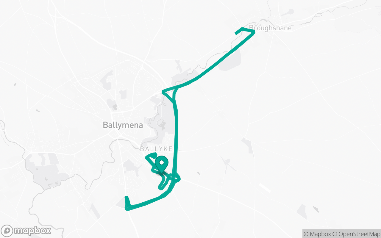 Map of the Ballymena Test Centre · Residential + A-road practice loop practice route near Ballymena Test Centre, drawn on real streets