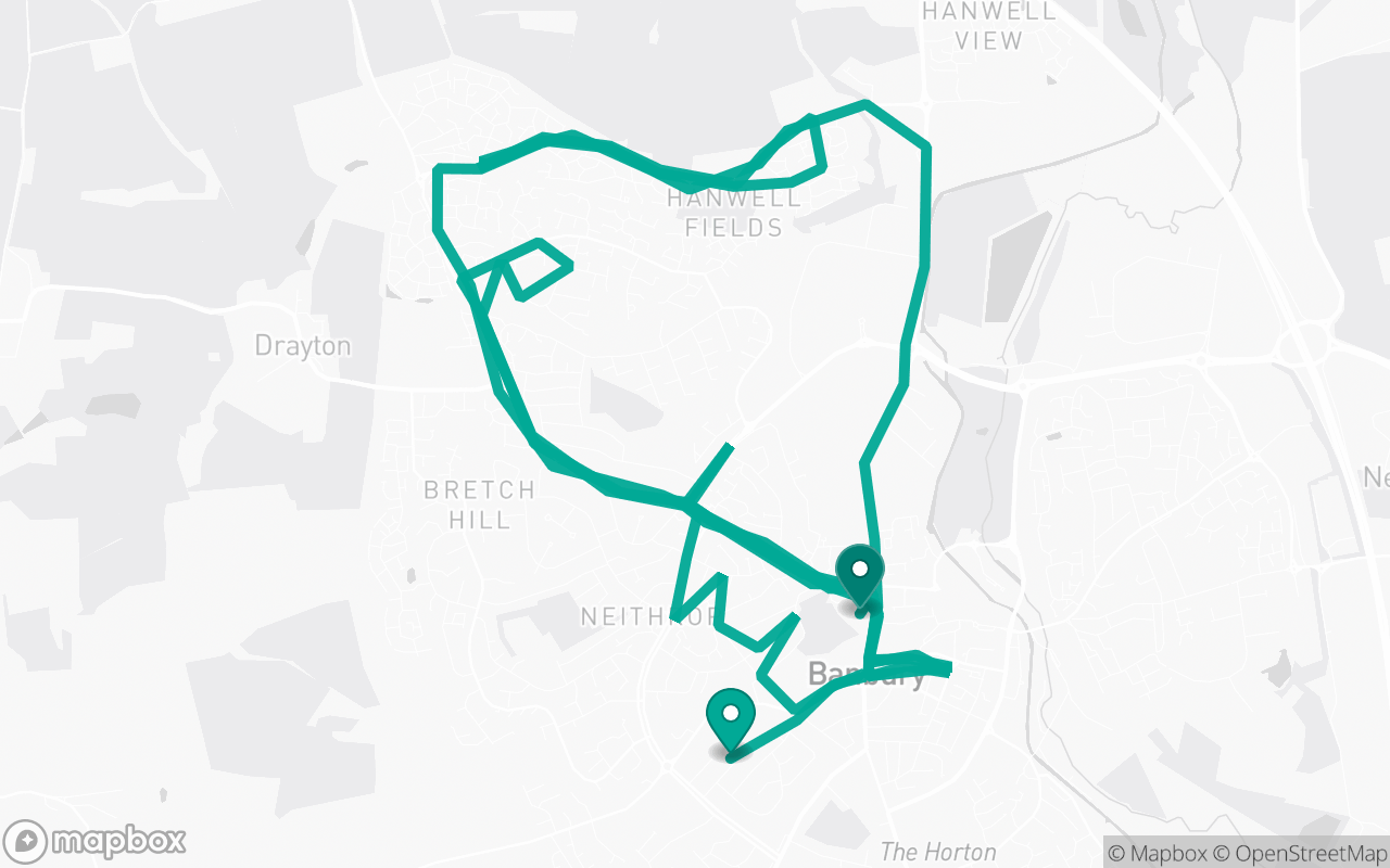 Map of the Banbury · Route 10 practice route near Banbury test centre, drawn on real streets