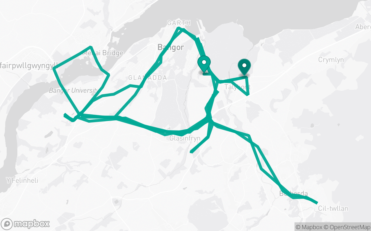 Map of the Bangor · Route 9 practice route near Bangor test centre, drawn on real streets