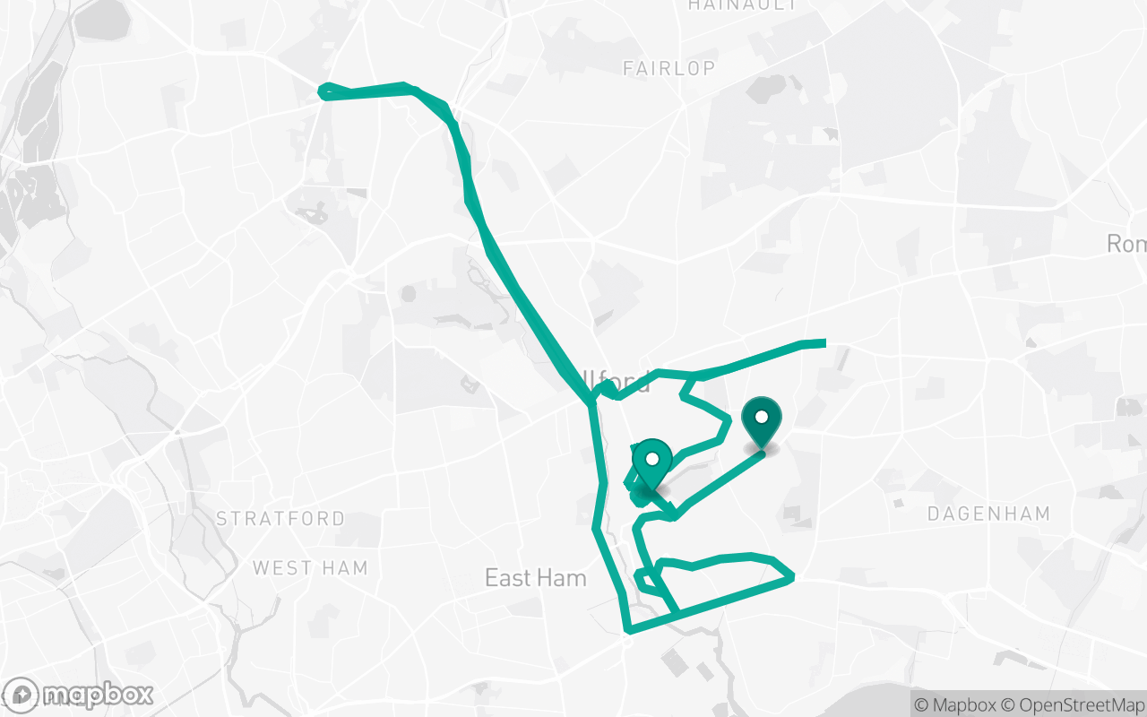 Map of the Barking Quay · Route 3 practice route near Barking Quay test centre, drawn on real streets