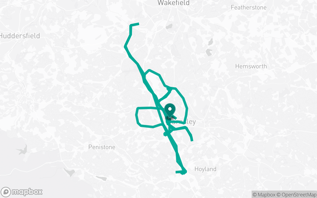 Map of the Barnsley · Route 16 practice route near Barnsley test centre, drawn on real streets
