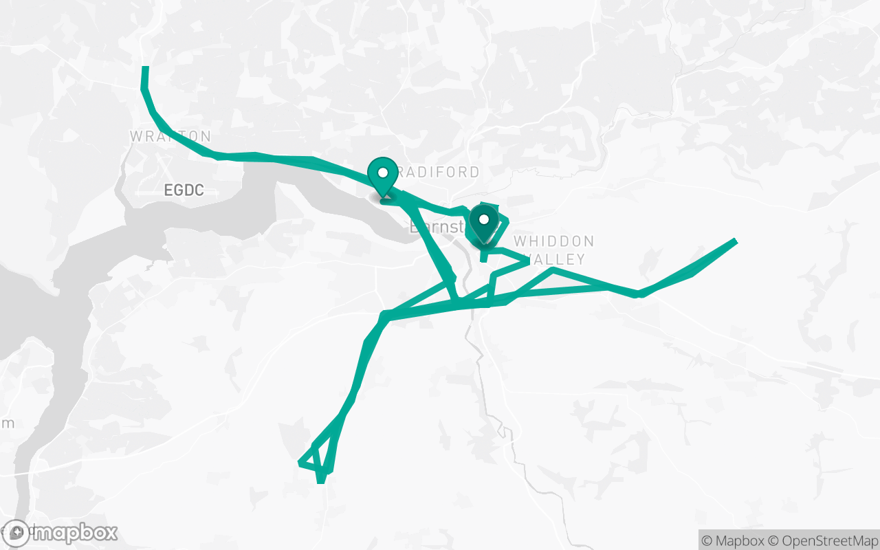 Map of the Barnstaple · Route 12 practice route near Barnstaple test centre, drawn on real streets