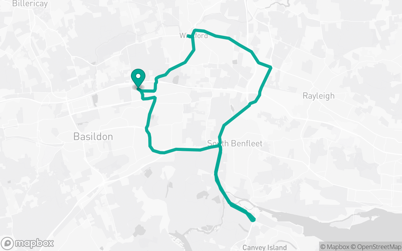 Map of the Basildon · Dual-carriageway practice loop practice route near Basildon test centre, drawn on real streets
