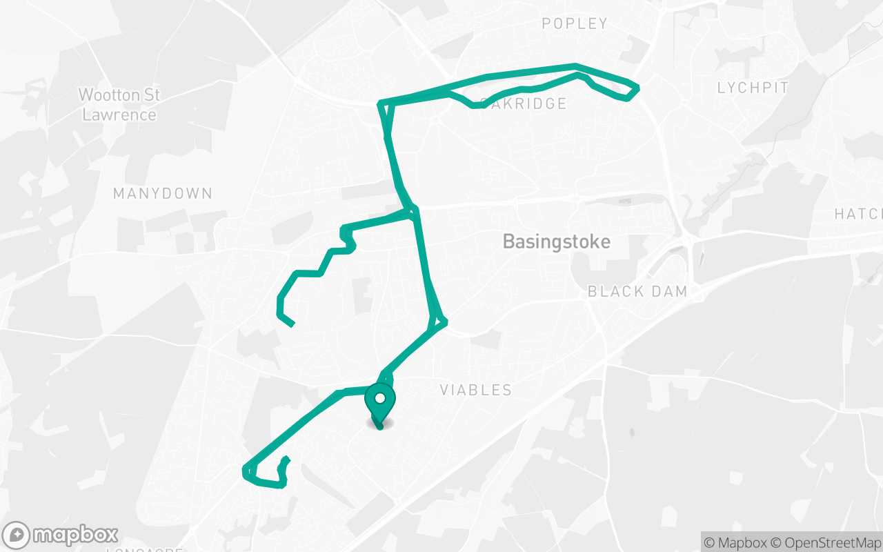 Map of the Basingstoke · Residential + A-road practice loop practice route near Basingstoke test centre, drawn on real streets