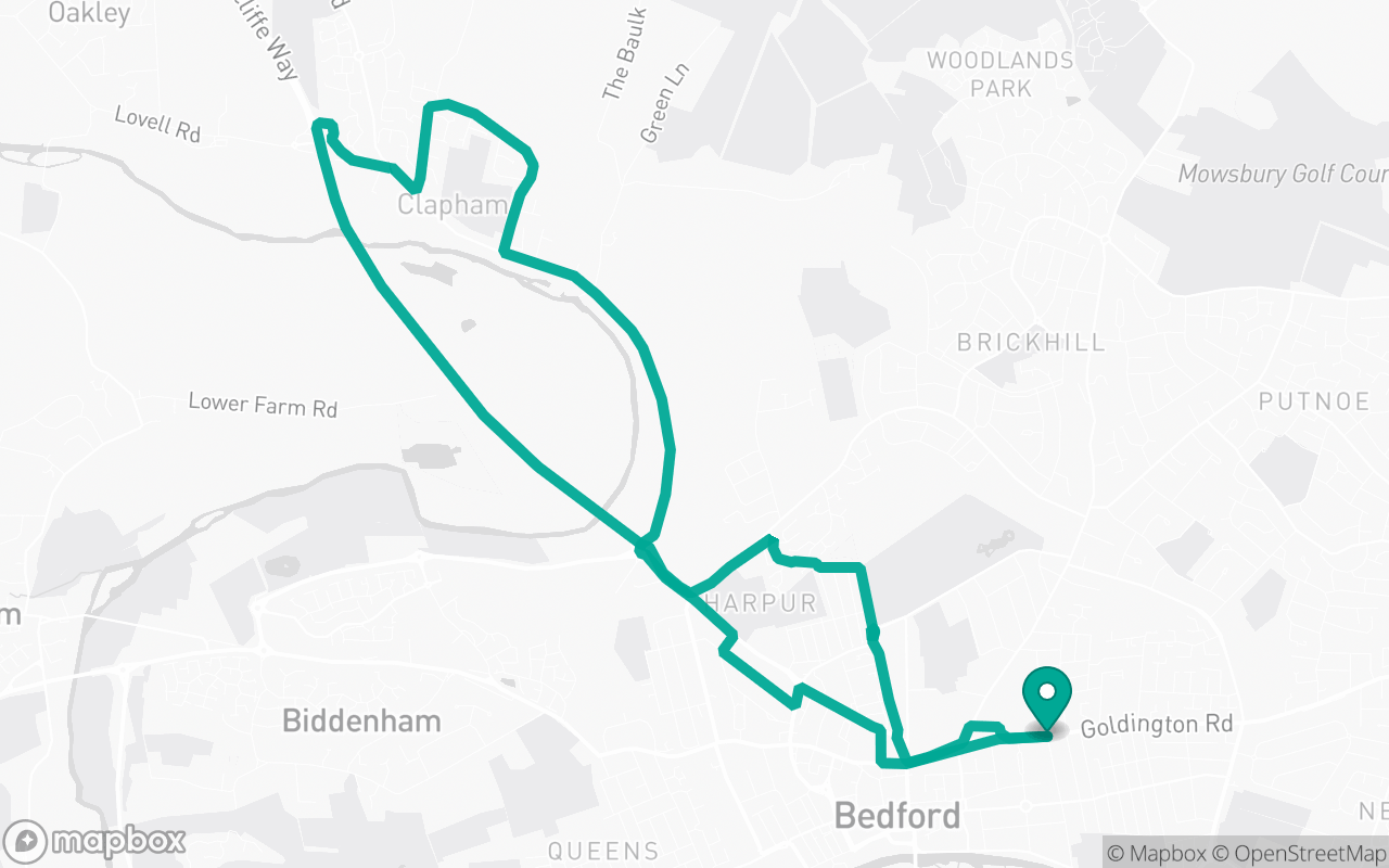 Map of the Bedford · Route 16 practice route near Bedford test centre, drawn on real streets