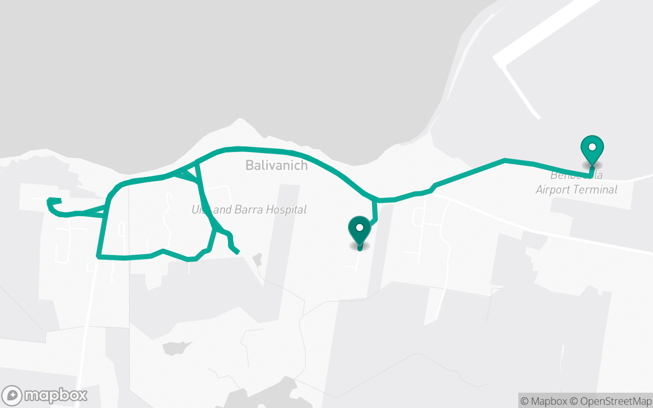 Map of the Benbecula Island · Route 2 practice route near Benbecula Island test centre, drawn on real streets
