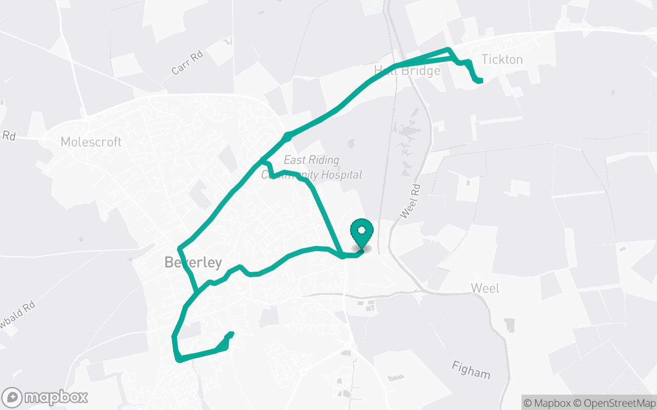 Map of the Beverley · Residential practice loop practice route near Beverley test centre, drawn on real streets
