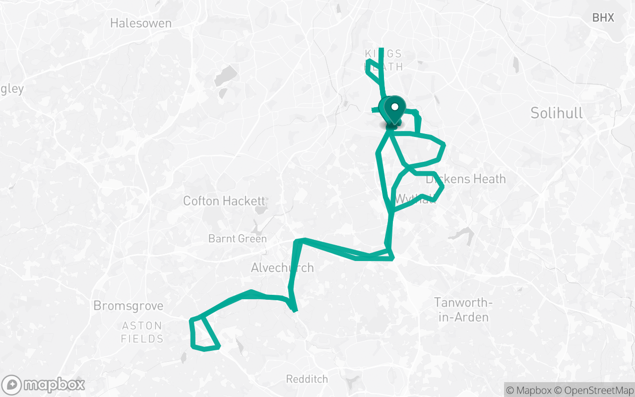Map of the Birmingham Kings Heath · Route 15 practice route near Birmingham Kings Heath test centre, drawn on real streets
