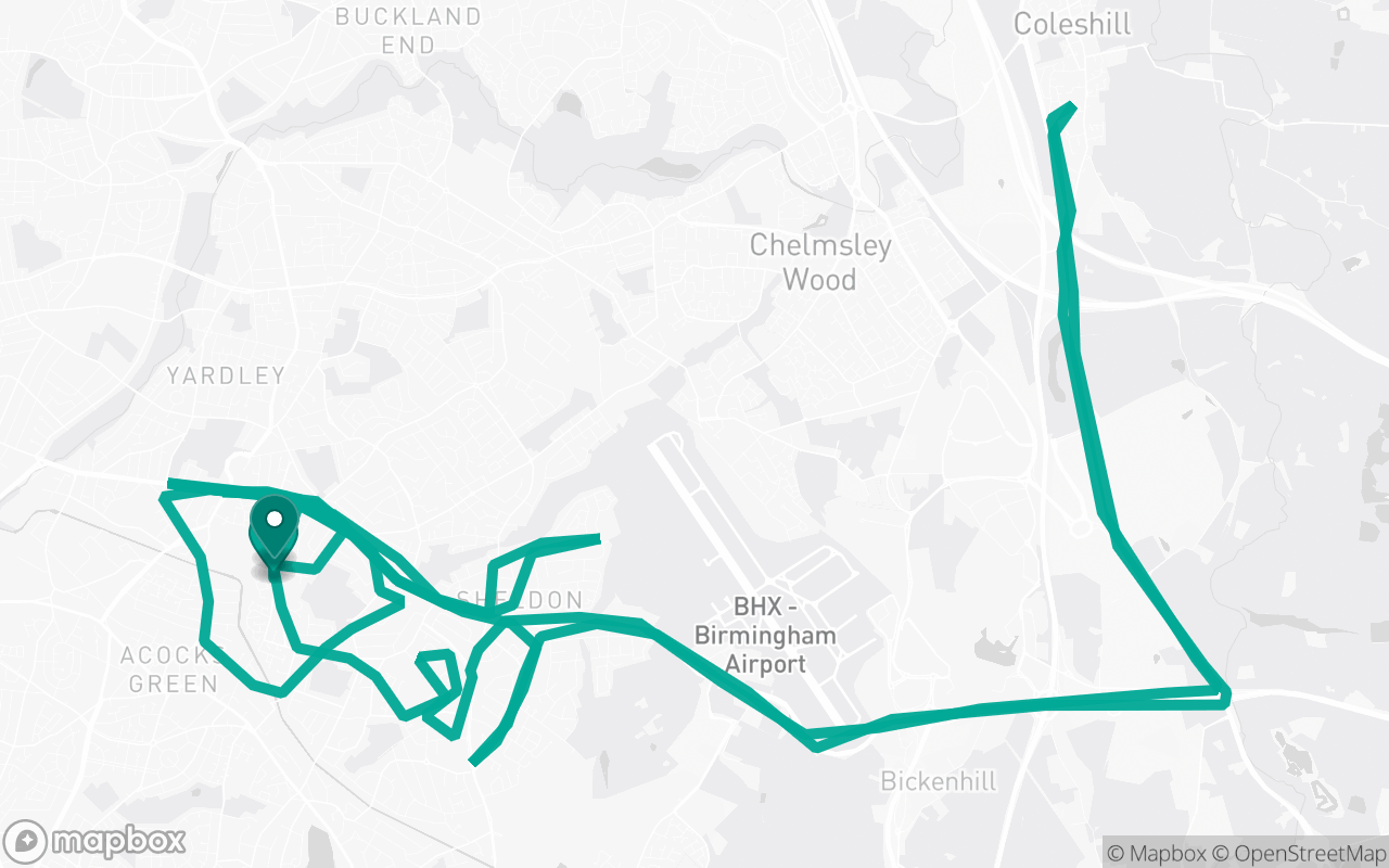 Map of the Birmingham (South Yardley) · Route 10 practice route near Birmingham (South Yardley) test centre, drawn on real streets