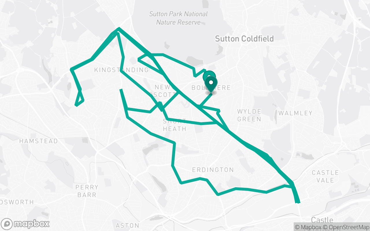 Map of the Birmingham (Sutton Coldfield) · Route 5 practice route near Birmingham (Sutton Coldfield) test centre, drawn on real streets