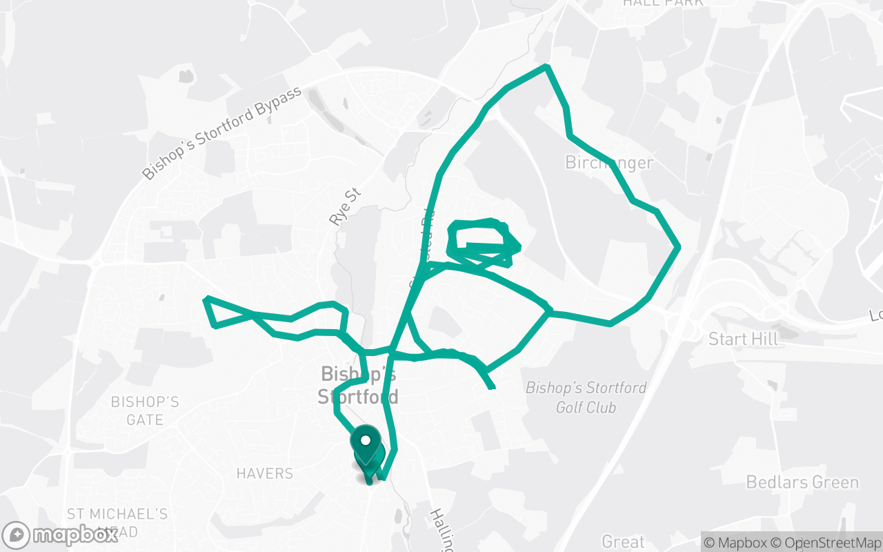 Map of the Bishop's Stortford · Route 10 practice route near Bishop's Stortford test centre, drawn on real streets