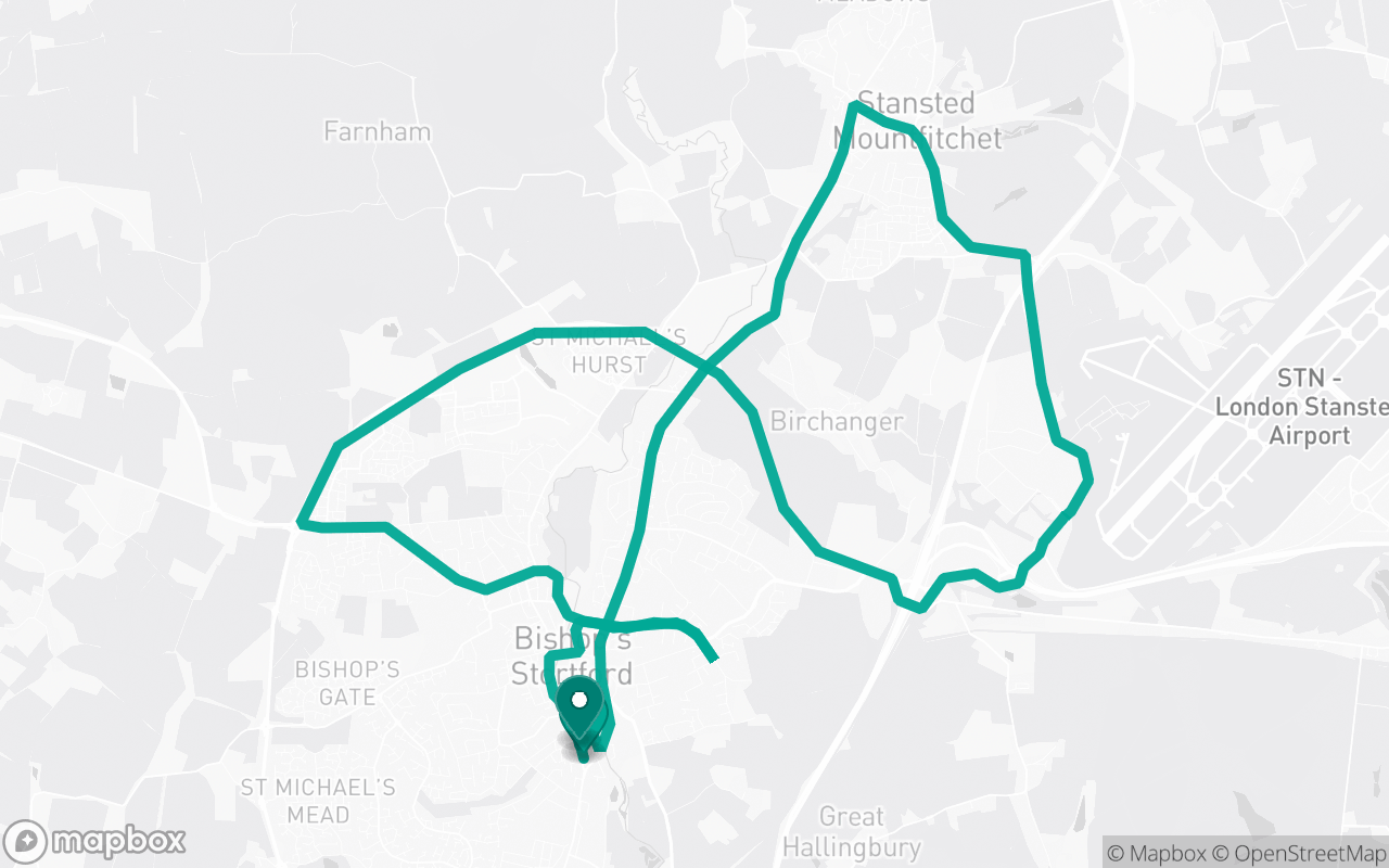 Map of the Bishop's Stortford · Route 11 practice route near Bishop's Stortford test centre, drawn on real streets