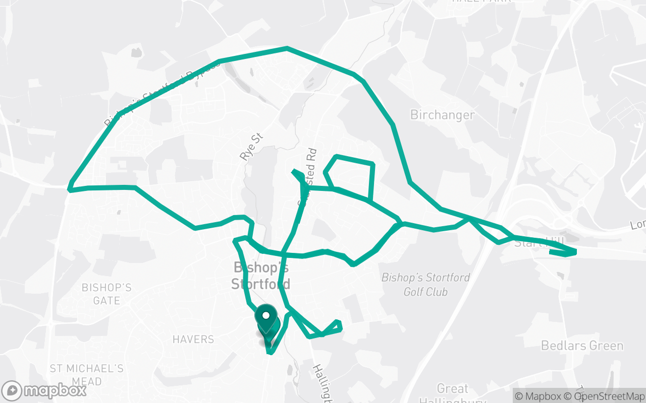 Map of the Bishop's Stortford · Route 12 practice route near Bishop's Stortford test centre, drawn on real streets