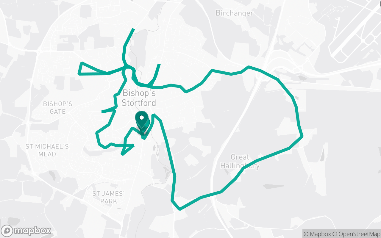Map of the Bishop's Stortford · Route 1 practice route near Bishop's Stortford test centre, drawn on real streets