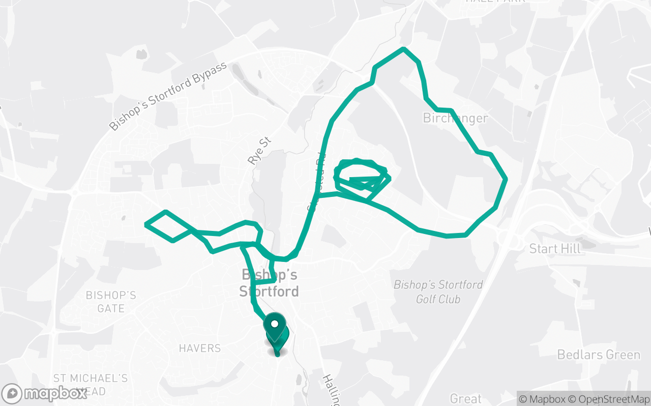 Map of the Bishop's Stortford · Route 2 practice route near Bishop's Stortford test centre, drawn on real streets