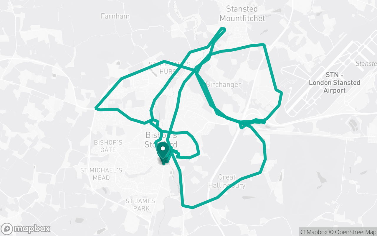 Map of the Bishop's Stortford · Route 3 practice route near Bishop's Stortford test centre, drawn on real streets