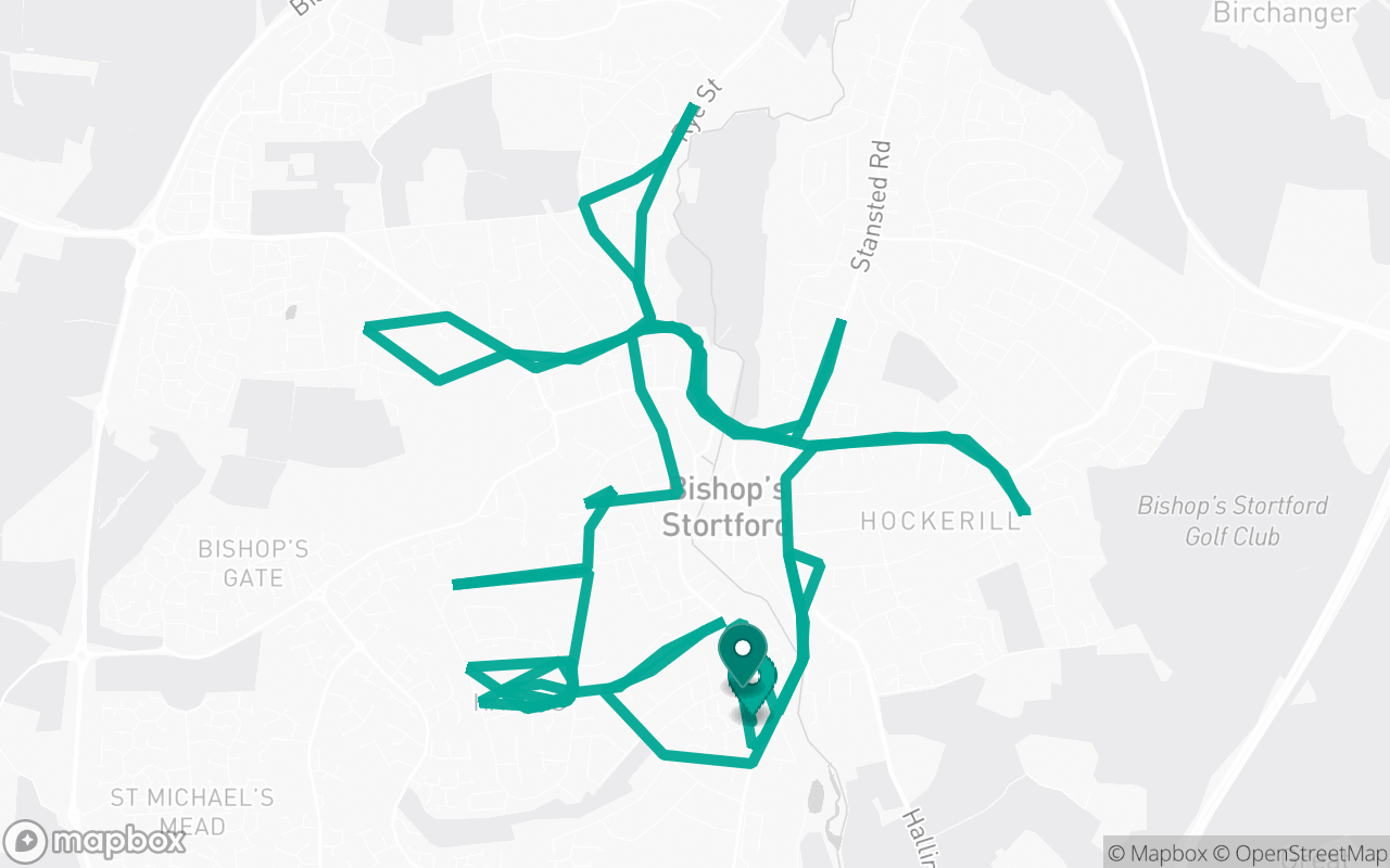 Map of the Bishop's Stortford · Route 4 practice route near Bishop's Stortford test centre, drawn on real streets