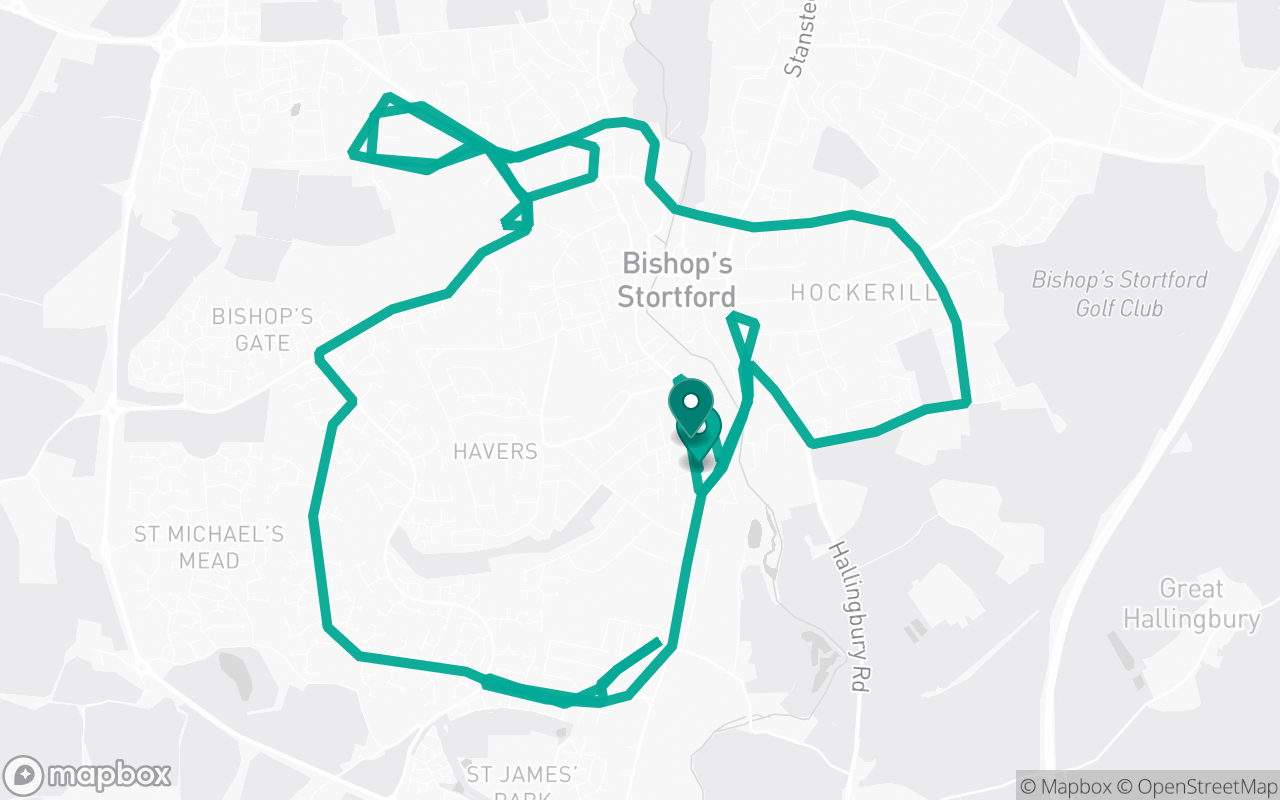 Map of the Bishop's Stortford · Route 5 practice route near Bishop's Stortford test centre, drawn on real streets
