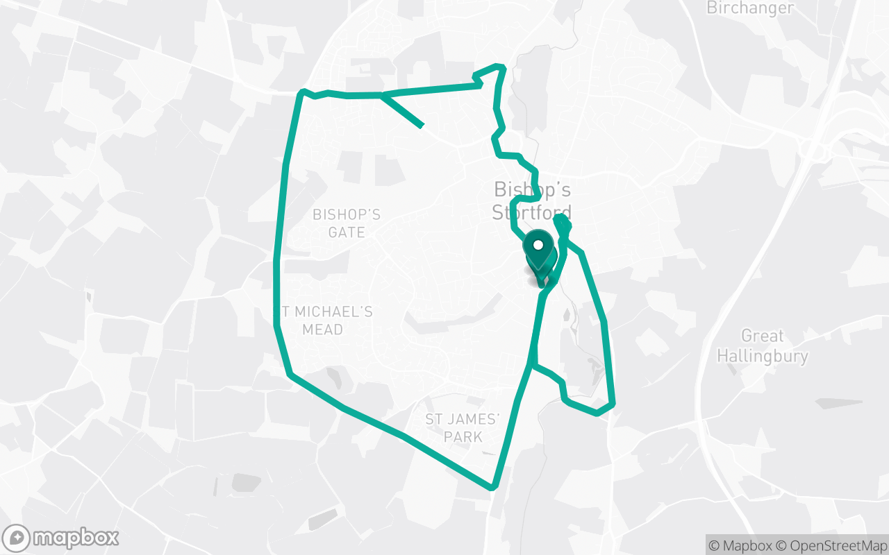 Map of the Bishop's Stortford · Route 6 practice route near Bishop's Stortford test centre, drawn on real streets