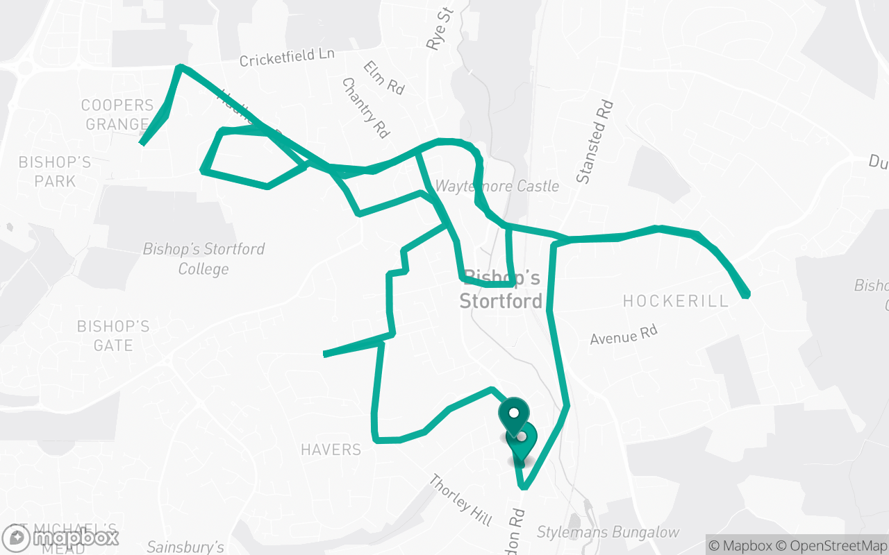 Map of the Bishop's Stortford · Route 7 practice route near Bishop's Stortford test centre, drawn on real streets
