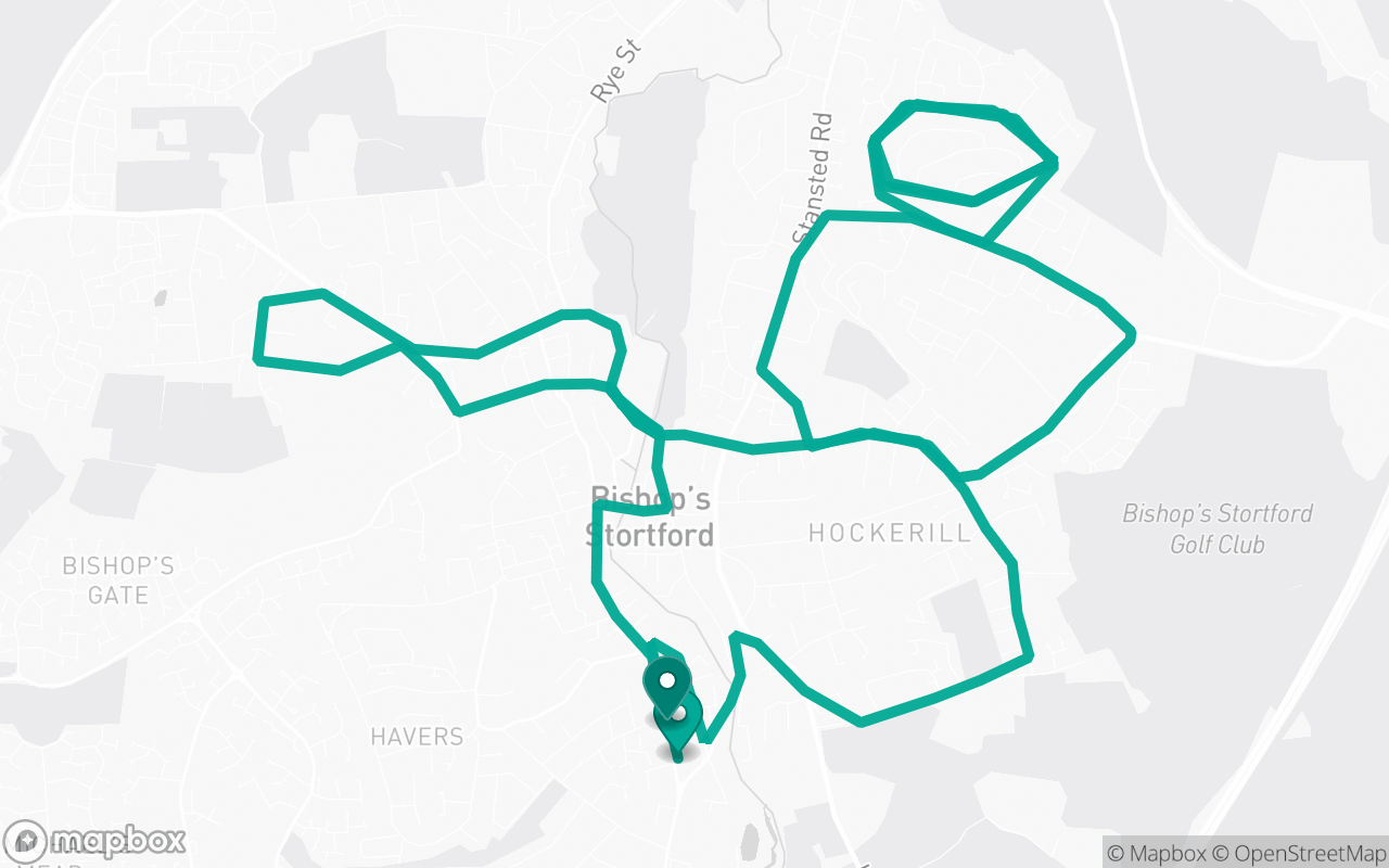 Map of the Bishop's Stortford · Route 8 practice route near Bishop's Stortford test centre, drawn on real streets