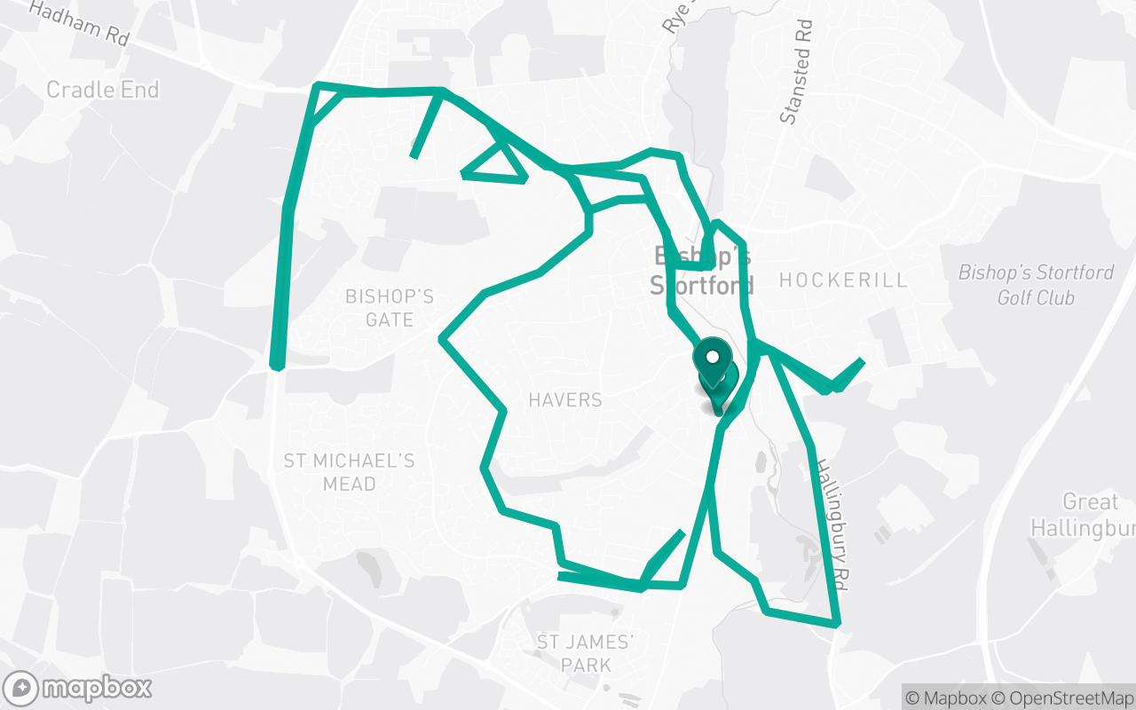 Map of the Bishop's Stortford · Route 9 practice route near Bishop's Stortford test centre, drawn on real streets