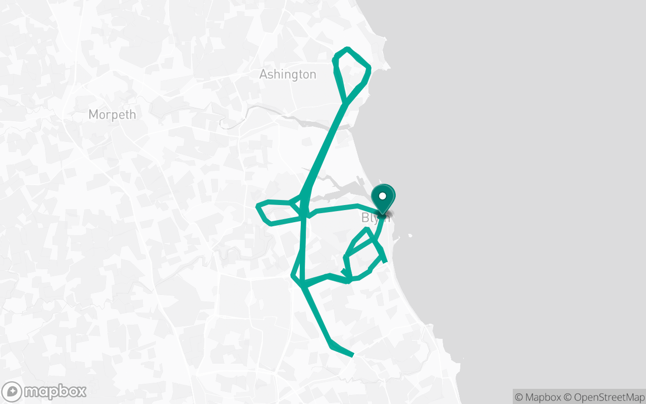 Map of the Blyth · Route 13 practice route near Blyth test centre, drawn on real streets