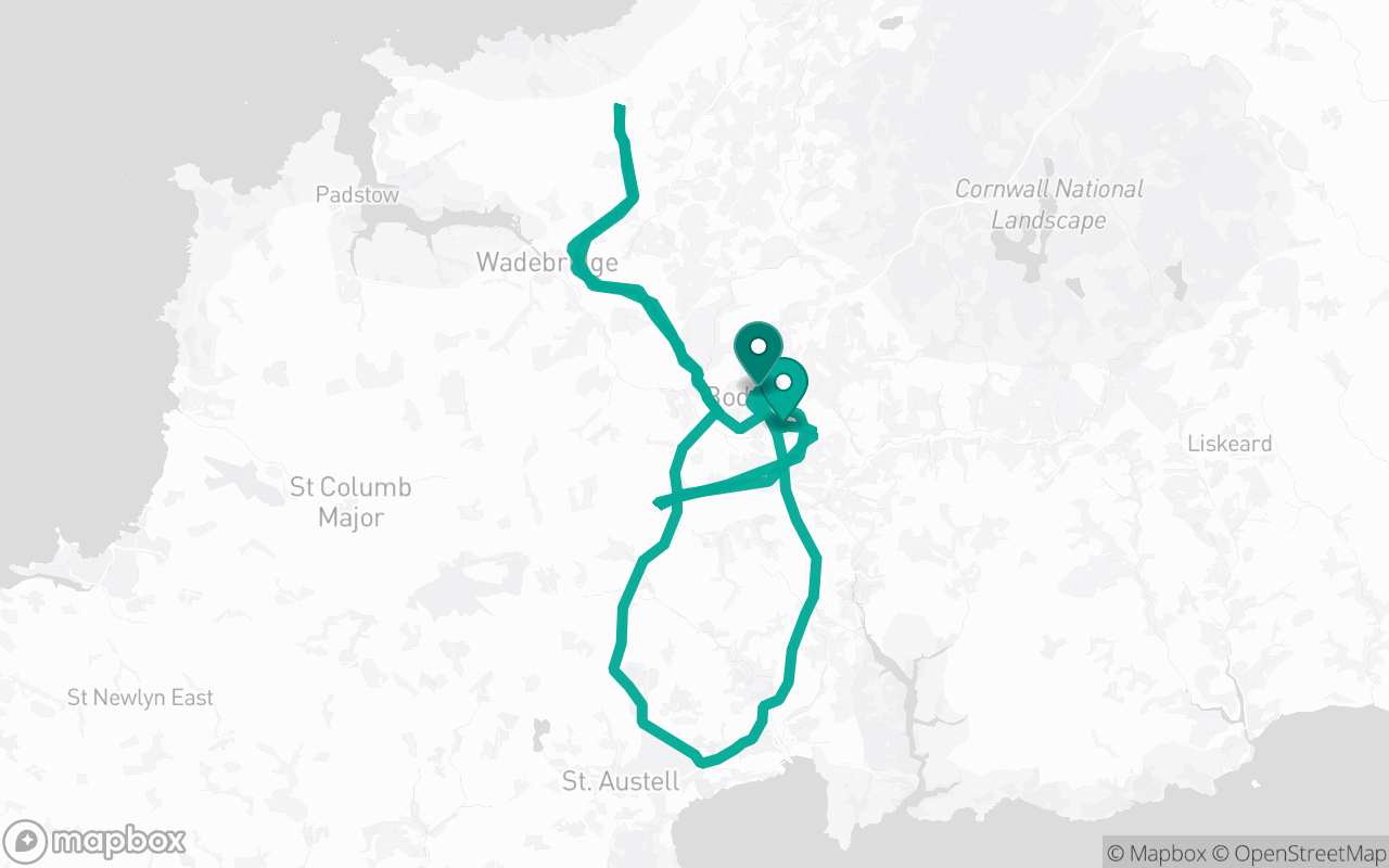 Map of the Bodmin · Route 10 practice route near Bodmin test centre, drawn on real streets