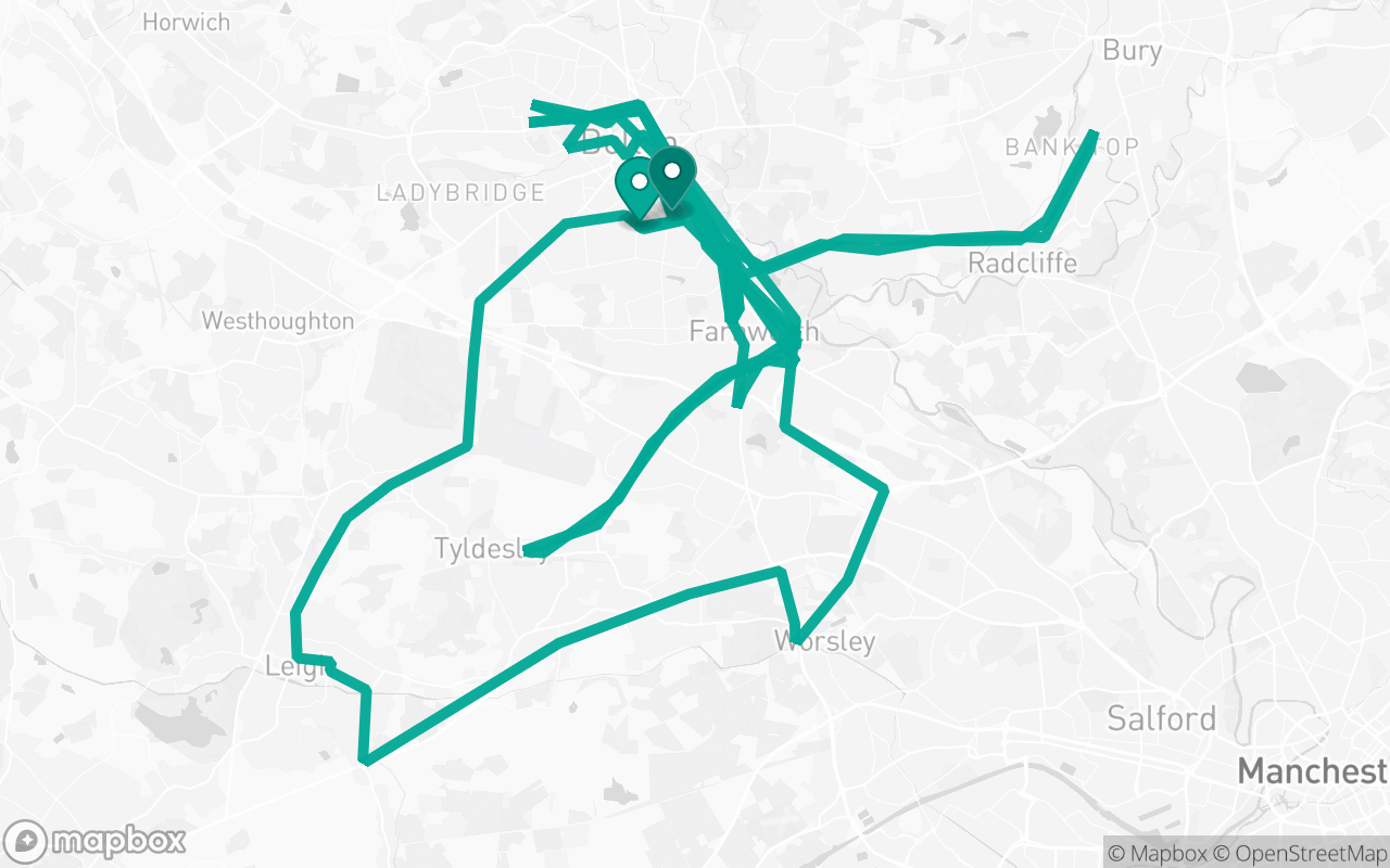 Map of the Bolton · Route 6 practice route near Bolton test centre, drawn on real streets
