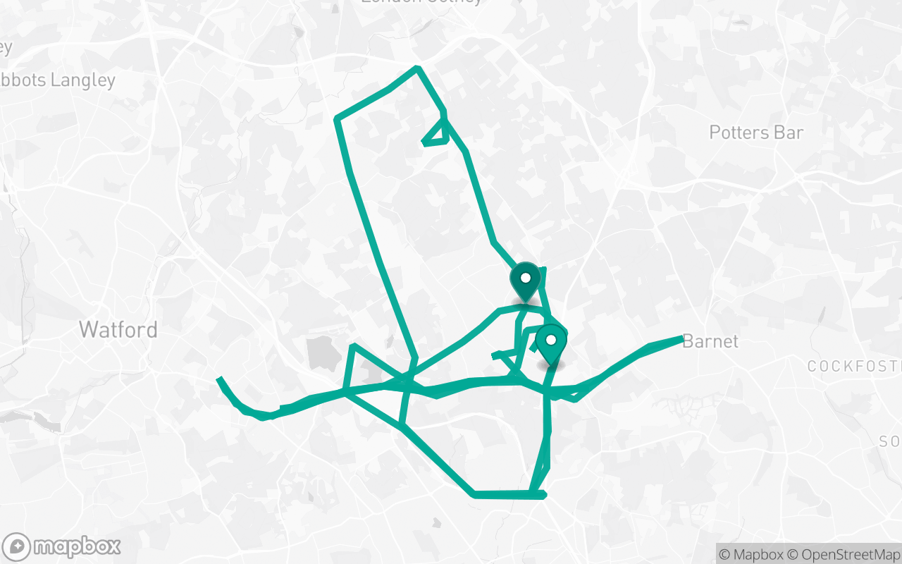 Map of the Borehamwood · Route 15 practice route near Borehamwood test centre, drawn on real streets