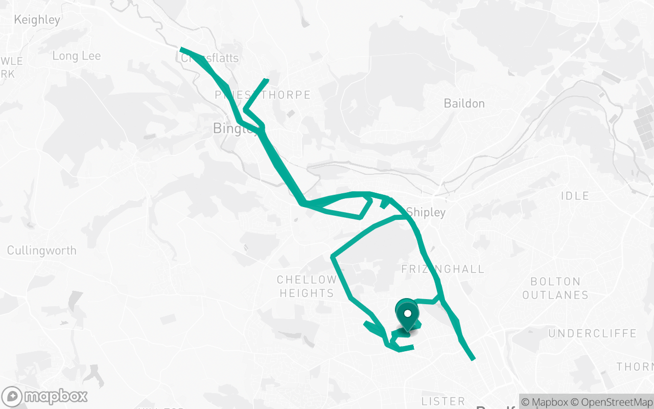 Map of the Bradford (Heaton) · Route 13 practice route near Bradford (Heaton) test centre, drawn on real streets