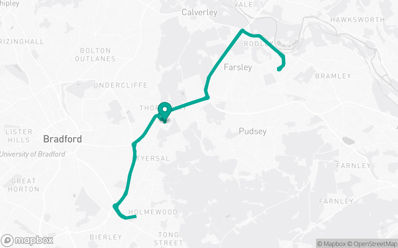 Map of the Bradford (Thornbury) · School-zone practice loop practice route near Bradford (Thornbury) test centre, drawn on real streets