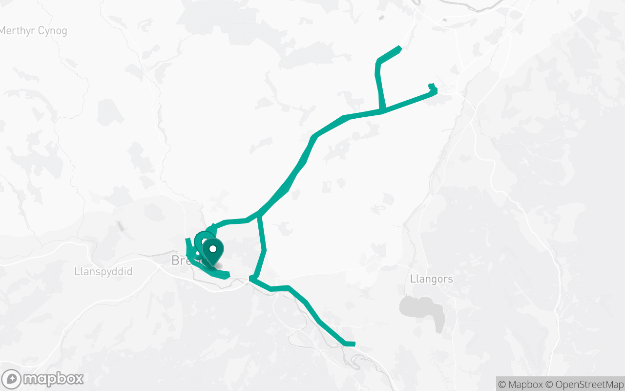 Map of the Brecon · Route 4 practice route near Brecon test centre, drawn on real streets