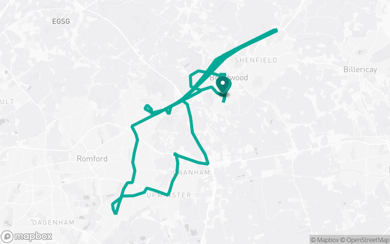 Map of the Brentwood · Route 16 practice route near Brentwood test centre, drawn on real streets