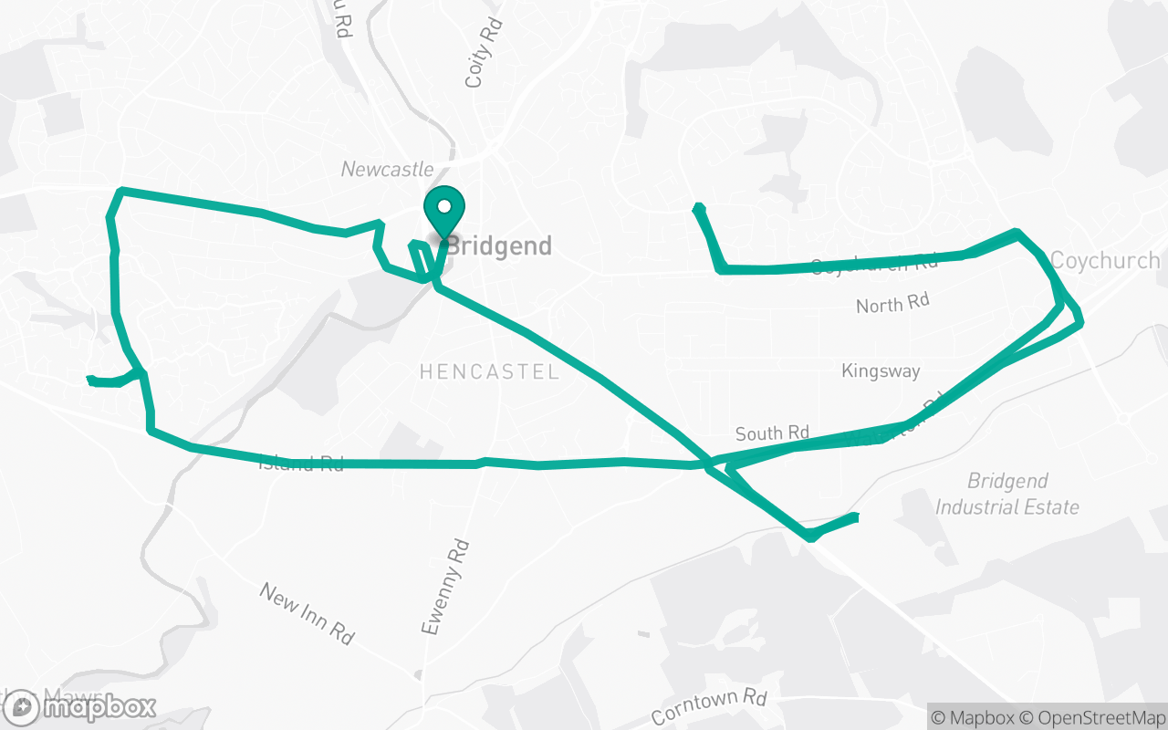 Map of the Bridgend · Roundabout practice loop practice route near Bridgend test centre, drawn on real streets