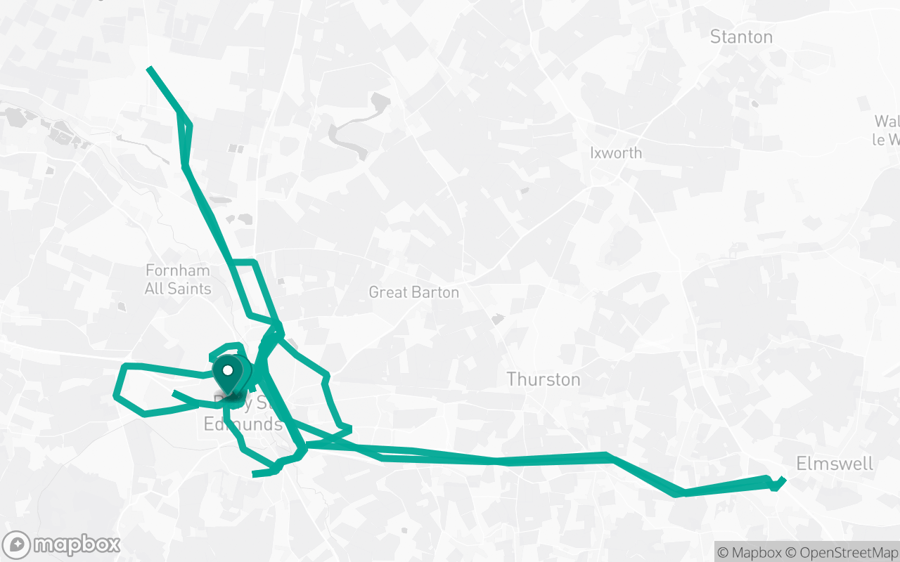 Map of the Bury St Edmunds · Route 6 practice route near Bury St Edmunds test centre, drawn on real streets