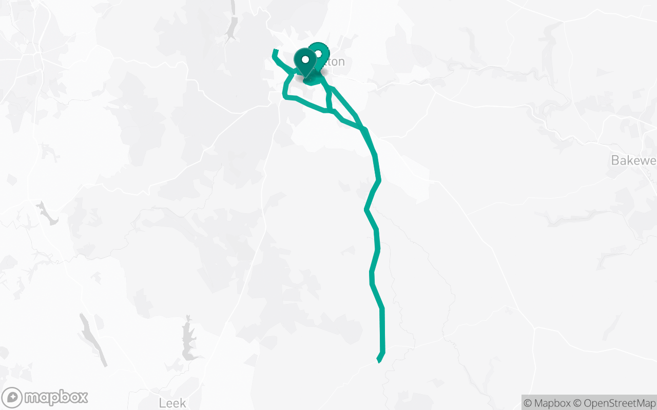 Map of the Buxton · Route 16 practice route near Buxton test centre, drawn on real streets