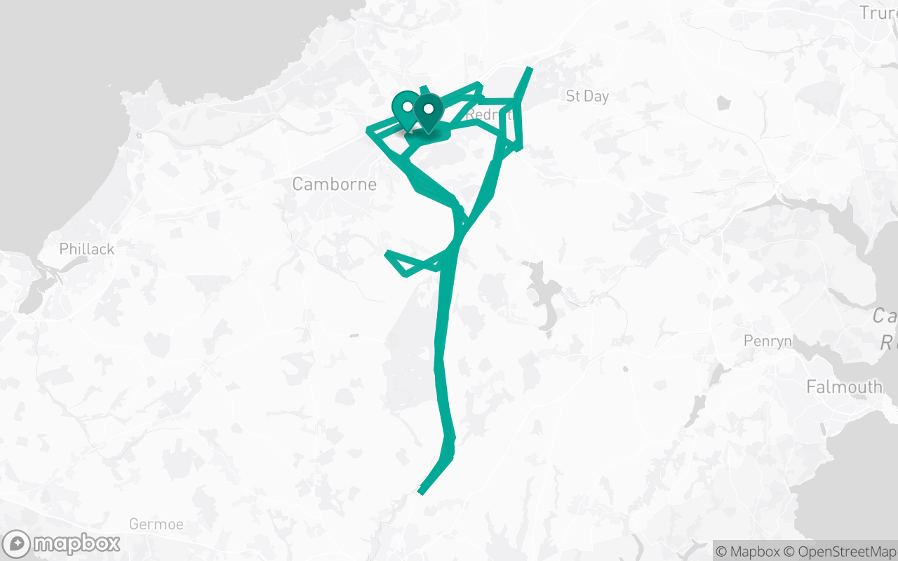 Map of the Camborne · Route 5 practice route near Camborne test centre, drawn on real streets