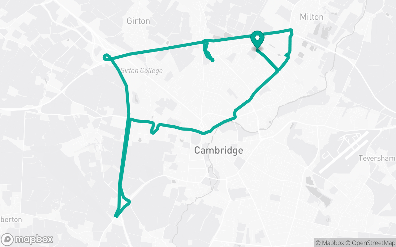 Map of the Cambridge (Brookmount Court) · Roundabout practice loop practice route near Cambridge (Brookmount Court) test centre, drawn on real streets